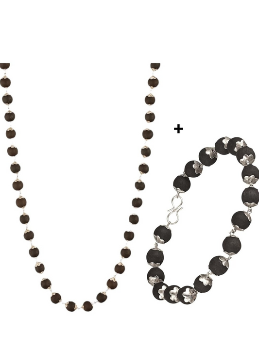 Combo of Original karungali malai  and karungali beads bracelet with silver plated caps|Original black ebony wood mala