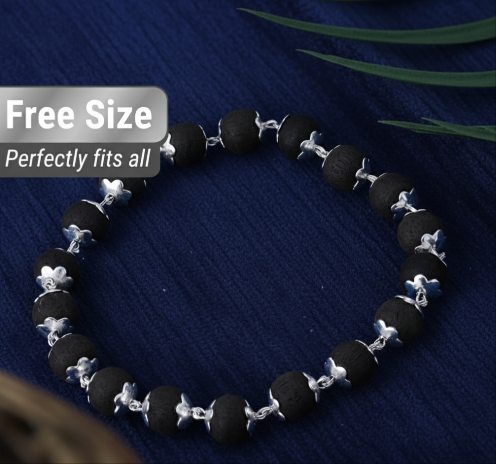 Combo of Original karungali malai  and karungali beads bracelet with silver plated caps|Original black ebony wood mala