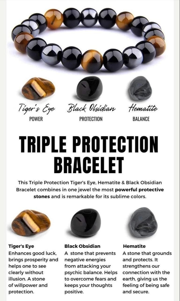 CRYSTAL AND SHADES triple protection crystal bracelet natural black obsidian tiger's eye & hematite beads for energy shielding, grounding & confidence includes authenticity with certificate card