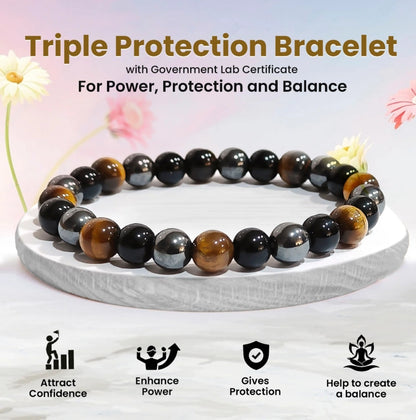 CRYSTAL AND SHADES triple protection crystal bracelet natural black obsidian tiger's eye & hematite beads for energy shielding, grounding & confidence includes authenticity with certificate card