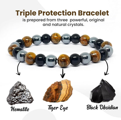 CRYSTAL AND SHADES triple protection crystal bracelet natural black obsidian tiger's eye & hematite beads for energy shielding, grounding & confidence includes authenticity with certificate card