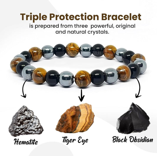 CRYSTAL AND SHADES triple protection crystal bracelet natural black obsidian tiger's eye & hematite beads for energy shielding, grounding & confidence includes authenticity with certificate card